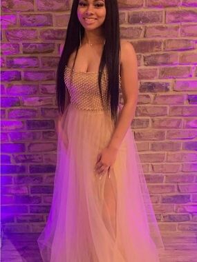Pearl-Embellished Nude Tulle Evening Dress